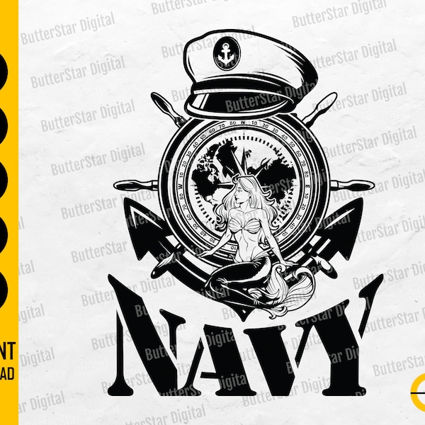 Navy Mermaid SVG | Anchor SVG | Sailor T-Shirt Decal Graphics | Cricut Silhouette Printables Clip Art Vector Digital Download Png Eps Dxf Ai