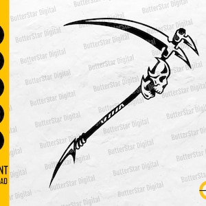Può includere: Design di falce nera con lama curva e dettagli a teschio. L'immagine include il testo "SVG, DXF, PNG, EPS, AI" e "DOWNLOAD IMMEDIATO". Il design è di ButterStar Digital.