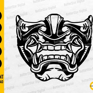 May include: A monochrome illustration of a Japanese demon mask, featuring detailed lines and sharp teeth. The image includes the text "SVG, DXF, PNG, EPS, AI" and "INSTANT DOWNLOAD".