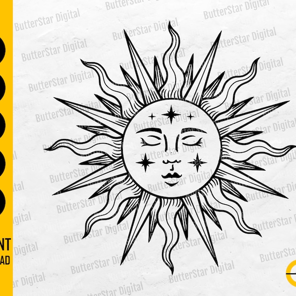 Sun SVG / Celestial Decal T-Shirt Decor Vinyl Stencil Graphics / Cricut Silhouette Cut Files Cuttable Clip Art Vector Digital Dxf Png Eps Ai