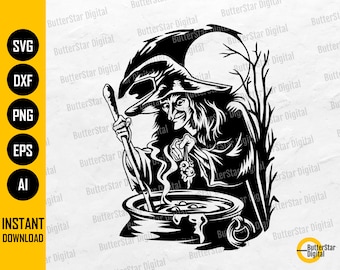 Cooking Witch SVG | Halloween SVG | Horror SVG | Cook Sorcery Dark Magic Spell Potion | Cutting File Clip Art Vector Digital Dxf Png Eps Ai