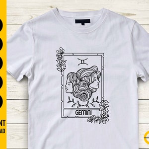 May include: White t-shirt with a black line art illustration of the Gemini zodiac sign. The design shows two female profiles, floral details, and the word "GEMINI". The shirt also has the text "INSTANT DOWNLOAD" and file type icons.