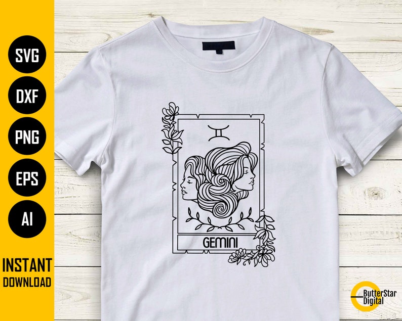 May include: White t-shirt with a black line art illustration of the Gemini zodiac sign. The design shows two female profiles, floral details, and the word "GEMINI". The shirt also has the text "INSTANT DOWNLOAD" and file type icons.
