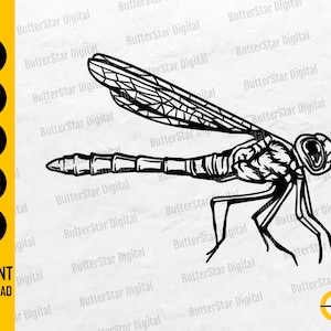 May include: A monochrome illustration of a dragonfly, featuring intricate wing and body details. The image shows the dragonfly in profile. Text indicates file formats: SVG, DXF, PNG, EPS, and AI, with the words "INSTANT DOWNLOAD".