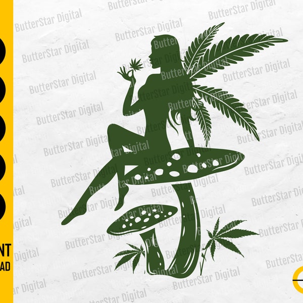 Fairy Smoking Weed On Mushroom SVG / Cannabis SVG / Smoke Marijuana Joint / Cricut Cut File Silhouette Clipart Vector Digital Dxf Png Eps Ai