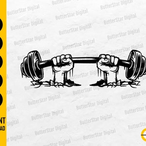 May include: Black and white graphic of a barbell held by two hands. The image is a vector design, with the words "SVG, DXF, PNG, EPS, AI" and "INSTANT DOWNLOAD" visible.