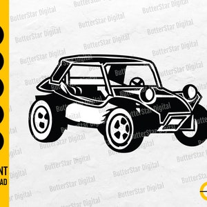 May include: Black and white vector graphic of a dune buggy. The image includes the text "SVG, DXF, PNG, EPS, AI" and "INSTANT DOWNLOAD". The logo for ButterStar Digital is in the bottom right corner.