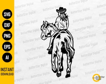 Cowgirl On Horse SVG | Western Vinyl Stencil Illustration Drawing | Cricut Cuttable Clipart Vector Graphics Digital Download Dxf Png Eps Ai