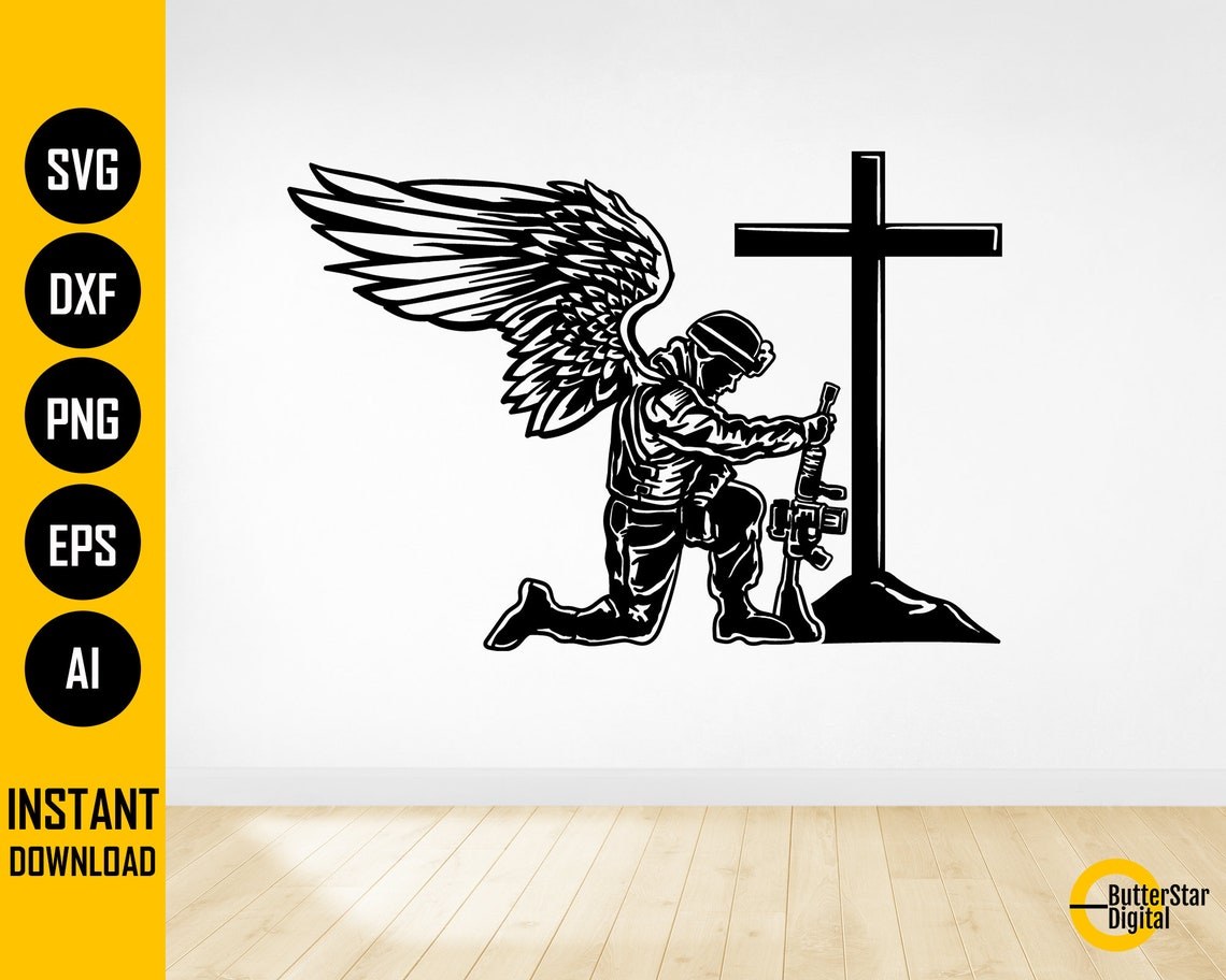 Angel Soldier Kneeling At Cross SVG / Army SVG / Dog Tag Rifle Lord God ...