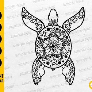 Puede incluir: Ilustración en blanco y negro de una tortuga con intrincados patrones de mandala en el caparazón y las aletas. Incluye el texto "SVG, DXF, PNG, EPS, AI" y "INSTANT DOWNLOAD".