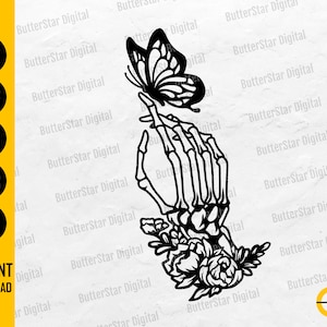 Floral Skeleton Hand With Butterfly SVG | Gothic Tattoo Decal T-Shirt Wall Art Design | Cricut Cutfile Clipart Vector Digital Dxf Png Eps Ai