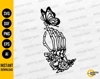 Floral Skeleton Hand With Butterfly SVG | Gothic Tattoo Decal T-Shirt Wall Art Design | Cricut Cutfile Clipart Vector Digital Dxf Png Eps Ai