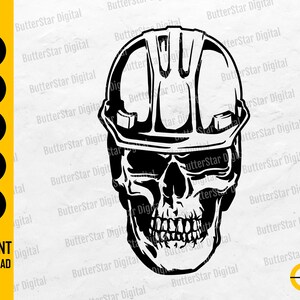 May include: Black and white graphic of a skull wearing a construction hard hat. The image includes the text "SVG, DXF, PNG, EPS, AI" and "INSTANT DOWNLOAD". The design is by ButterStar Digital.