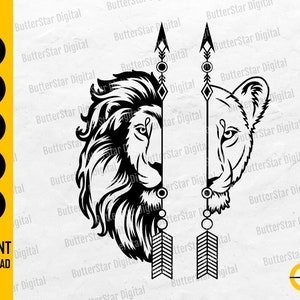 Arrow Lion Couple SVG | Half Lion Face SVG | Male Female Lion Head SVG | Cute Boho Lion Couple Svg | Cut File Clipart Digital Dxf Png Eps Ai