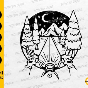 May include: Black and white camping-themed graphic with a tent, trees, mountains, and a crescent moon with stars. The design includes the text "INSTANT DOWNLOAD" and file type abbreviations.