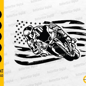 May include: Black and white graphic of a motorcycle racer leaning into a turn, set against a stylized American flag. The image includes the words "SVG, DXF, PNG, EPS, AI" and "INSTANT DOWNLOAD".
