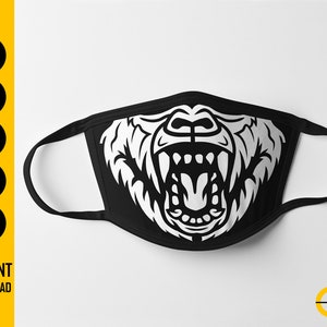 May include: Black face mask with a white bear face design, showing bared teeth. The mask has black ear loops and is on a white background. The words "INSTANT DOWNLOAD" are visible.