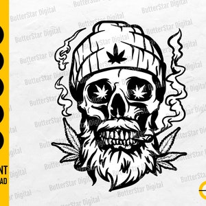 May include: A black and white graphic of a skull wearing a beanie with cannabis leaves. The skull has cannabis leaves for eyes and a beard with cannabis leaves. Smoke rises from a lit cigarette. Text on the left says "SVG, DXF, PNG, EPS, AI" and "INSTANT DOWNLOAD".