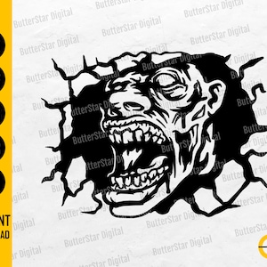 Puede incluir: Gráfico digital en blanco y negro de un zombi rompiendo una pared agrietada. El zombi tiene la boca abierta y una expresión angustiada. Incluye tipos de archivo SVG, DXF, PNG, EPS y AI.