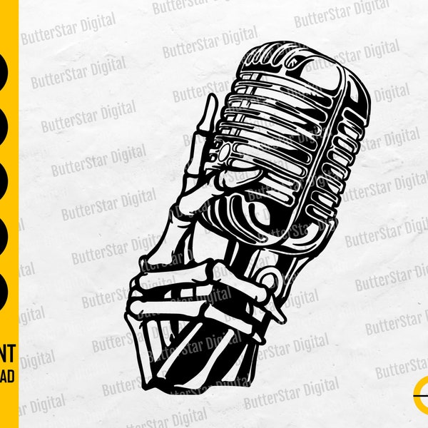 Skeleton Hand With Vintage Microphone SVG | Retro T-Shirt Decal Vinyl | Cricut Cutting File Printable Clipart Vector Digital Dxf Png Eps Ai