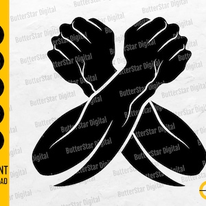 May include: Black and white graphic of two crossed arms with clenched fists. The image includes file type icons for SVG, EPS, PNG, PDF, and AI, along with the text "INSTANT DOWNLOAD". The logo for ButterStar Digital is in the bottom right corner.