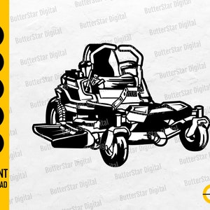 May include: Black and white illustration of a riding lawn mower. The image includes the text "SVG, DXF, PNG, EPS, AI" and "INSTANT DOWNLOAD". The mower has a seat, steering wheel, and large wheels.