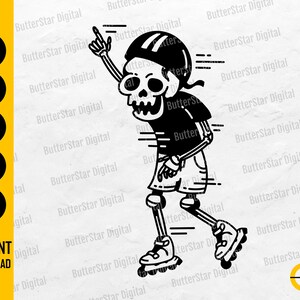 May include: Black and white illustration of a skeleton roller skating, wearing a helmet and shorts. The skeleton is pointing upwards with one finger. The image includes the text "INSTANT DOWNLOAD" and file type icons.