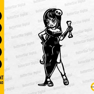 May include: Black and white digital illustration of a cartoon woman holding a bone. She wears a low-cut dress and has a skull in her hair. The image includes the text "SVG, DXF, PNG, EPS, AI" and "INSTANT DOWNLOAD".