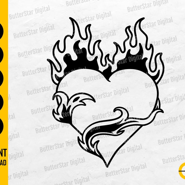 Flaming Heart SVG | Heart On Fire SVG | Love Vinyl Decal T-Shirt Wall Art | Cut Cutting File Printable Clipart Vector Digital Dxf Png Eps Ai