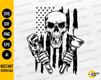 US Plumber Skull SVG | Plumbing Svg | USA Flag | American Plumber T-Shirt Decal | Cricut Cutting Files Clipart Vector Digital Dxf Png Eps Ai