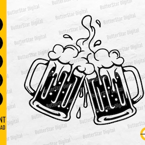 May include: Black and white digital illustration of two beer steins clinking together, with foam overflowing. The image includes the text "SVG, DXF, PNG, EPS, AI" and "INSTANT DOWNLOAD".