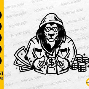 May include: Black and white digital graphic of a lion wearing sunglasses, a jacket, and a hat, holding money and coins. The image includes the text "SVG, DXF, PNG, EPS, AI" and "INSTANT DOWNLOAD".