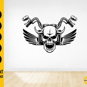 May include: Black and white graphic of a motorcycle skull with wings, handlebars, and mirrors. The skull has an open mouth and is centered. The image includes the text "SVG, DXF, PNG, EPS, AI" and "INSTANT DOWNLOAD".
