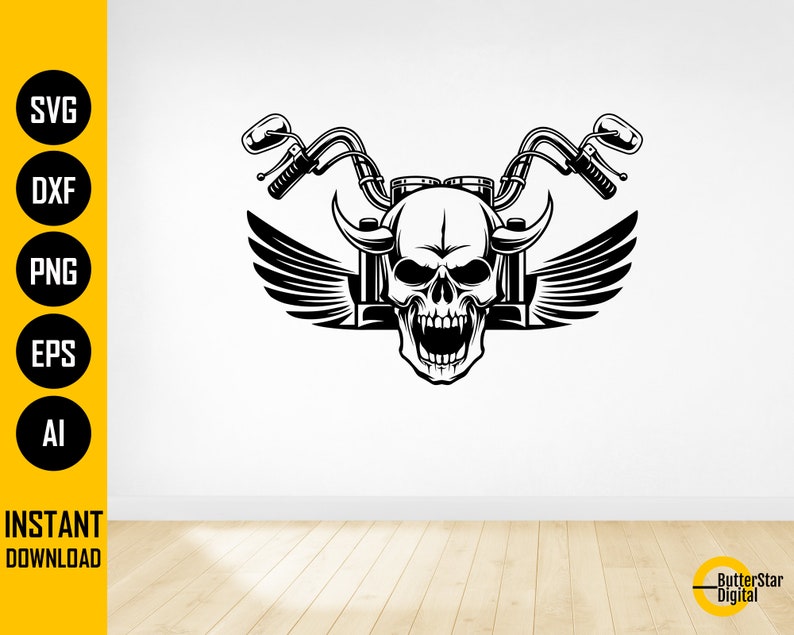 May include: Black and white graphic of a motorcycle skull with wings, handlebars, and mirrors. The skull has an open mouth and is centered. The image includes the text "SVG, DXF, PNG, EPS, AI" and "INSTANT DOWNLOAD".