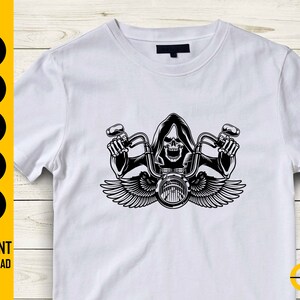May include: White t-shirt with a black graphic of a grim reaper on a motorcycle. The design includes a skull, handlebars, wings, and a headlight. The words "SVG, DXF, PNG, EPS, AI" and "INSTANT DOWNLOAD" are on the left side.