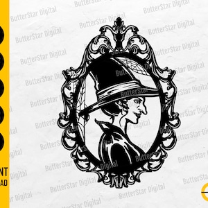 May include: Black and white digital illustration of a witch in an ornate oval frame. The witch wears a tall hat and has a long nose. The image includes the text "SVG, DXF, PNG, EPS, AI, INSTANT DOWNLOAD".