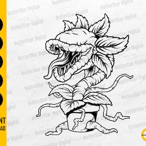 May include: Black and white digital illustration of a carnivorous plant with sharp teeth and a menacing expression. The plant is in a pot, with the text "INSTANT DOWNLOAD" and file type options like SVG, DXF, PNG, EPS, and AI.
