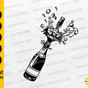 May include: Black and white illustration of a champagne bottle exploding. The bottle is angled, with bubbles and spray emanating from the top. Text on the left side indicates file formats: SVG, DXF, PNG, EPS, and AI. The words "INSTANT DOWNLOAD" are also visible.