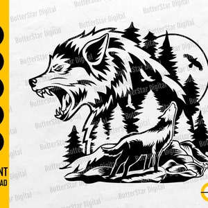 Pode incluir: Gráfico a preto e branco de um lobo uivando para a lua, com uma segunda silhueta de lobo e floresta. A imagem inclui o texto "SVG, DXF, PNG, EPS, AI, DOWNLOAD INSTANTÂNEO".