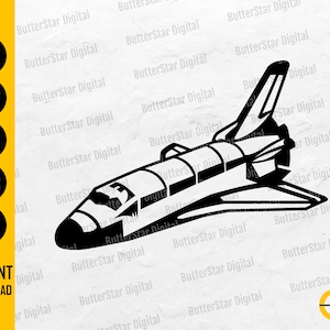 May include: Black and white line art of a space shuttle. The image includes the text "SVG, DXF, PNG, EPS, AI" and "INSTANT DOWNLOAD". The logo for ButterStar Digital is in the image.