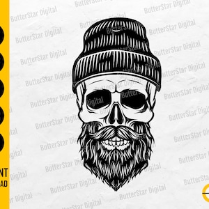 Puede incluir: Ilustración en blanco y negro de una calavera con gorro, barba y bigote completos. La imagen incluye el texto "SVG, DXF, PNG, EPS, AI" y "INSTANT DOWNLOAD".