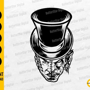May include: Black and white digital illustration of a monster wearing a top hat. The monster's face is split down the middle, with one side stitched together. The image includes the text "INSTANT DOWNLOAD" and file type options.