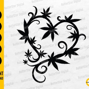 May include: Black heart-shaped design with cannabis leaves and swirling vines. The design includes the text "SVG, DXF, PNG, EPS, AI" and "INSTANT DOWNLOAD". The logo for ButterStar Digital is in the bottom right corner.