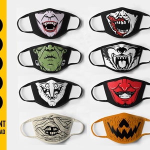 Puede incluir: Colección de mascarillas negras con varios diseños de monstruos y Halloween. Incluye un vampiro, zombi, hombre lobo, bruja, demonio, momia y calabaza. También se ven las palabras "SVG, DXF, PNG, EPS, AI" y "INSTANT DOWNLOAD".