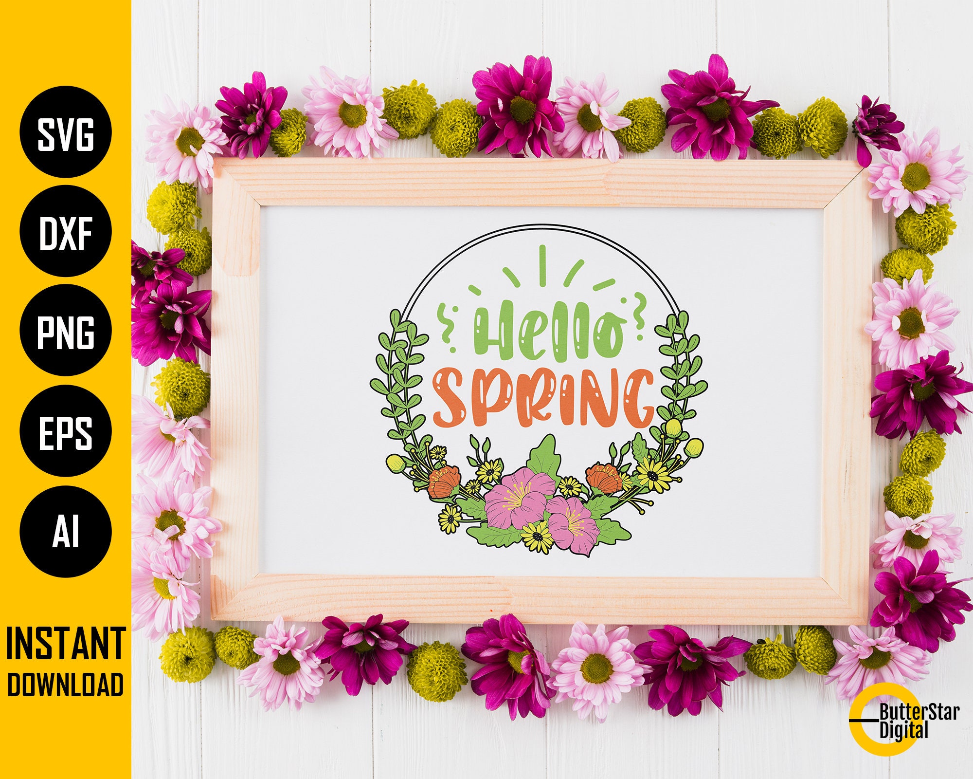 Hello Spring SVG | Floral Wreath SVG | Cute Flowers Floral Sign Decor ...