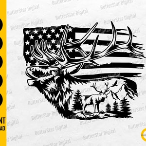USA Flag Elk Deer SVG | Hunting T-Shirt Gift Decal Sticker Graphics | Cricut Cut File Silhouette Cameo Clipart Vector Digital Dxf Png Eps Ai