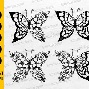 May include: Black and white butterfly designs. Some butterflies have floral patterns. The image includes the text "SVG, DXF, PNG, EPS, AI, INSTANT DOWNLOAD". The designs are from ButterStar Digital.
