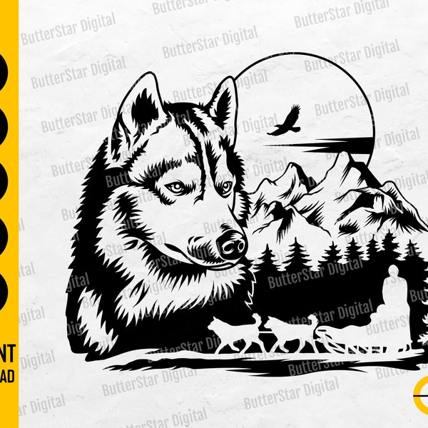 Sled Dogs SVG | Snow Mountains SVG | Pet Animal T-Shirt Decal Graphic | Cricut Cutting File Silhouette Clipart Vector Digital Dxf Png Eps Ai