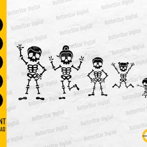 May include: Black and white illustration of a skeleton family. The image includes a father, mother, and three children in various poses. The text "INSTANT DOWNLOAD" is also present.