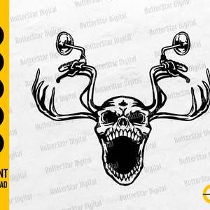 May include: Black and white graphic of a skull with motorcycle handlebars and mirrors forming antlers. The image includes the text "SVG, DXF, PNG, EPS, AI, INSTANT DOWNLOAD".